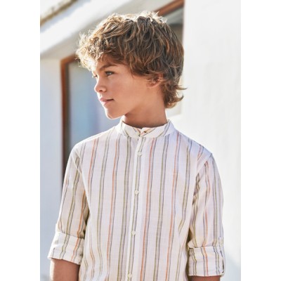 Long sleeve striped mao collar shirt - KHAKI 8Y