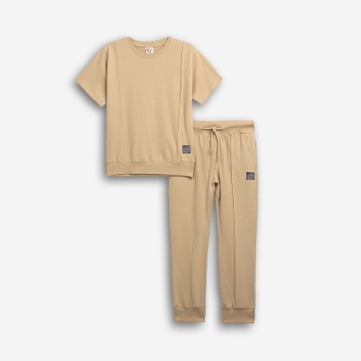 Short-sleeved shimmer sweatshirt set - BEIGE 10Y