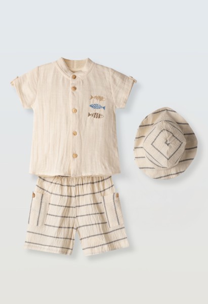 Σετ βερμούδα με καπέλο - ΕΚΡΟΥ 12M